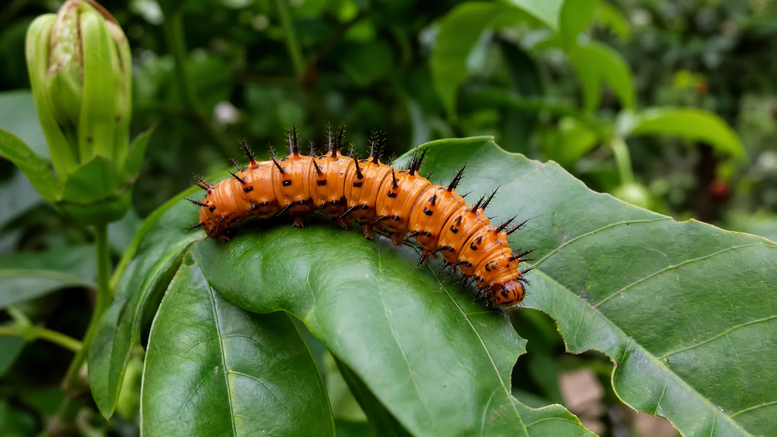 Stachelige Raupe auf einem Maracuyá-Blatt