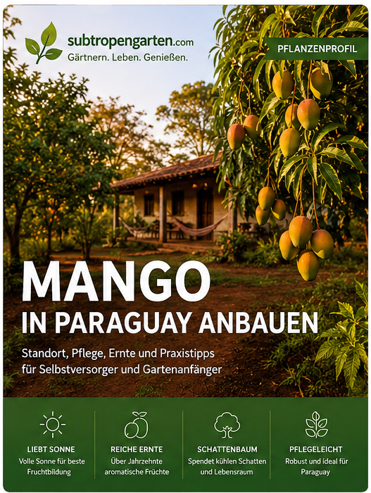 Mangobaum in Paraguay mit roten Böden und reifen Früchten